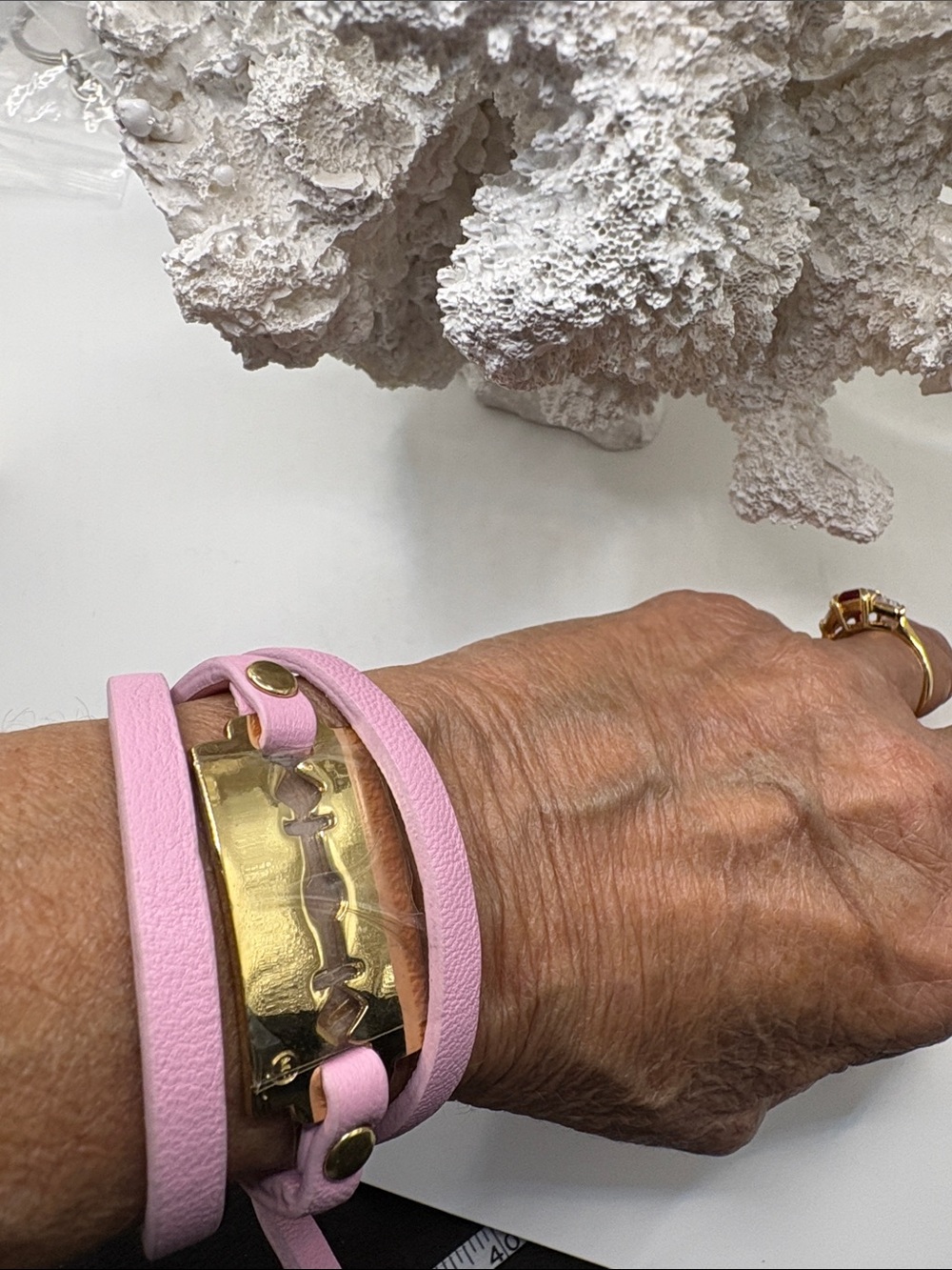 Alexander McQueen Gold Razor Blade and with Pink Triple Wrap Bracelet